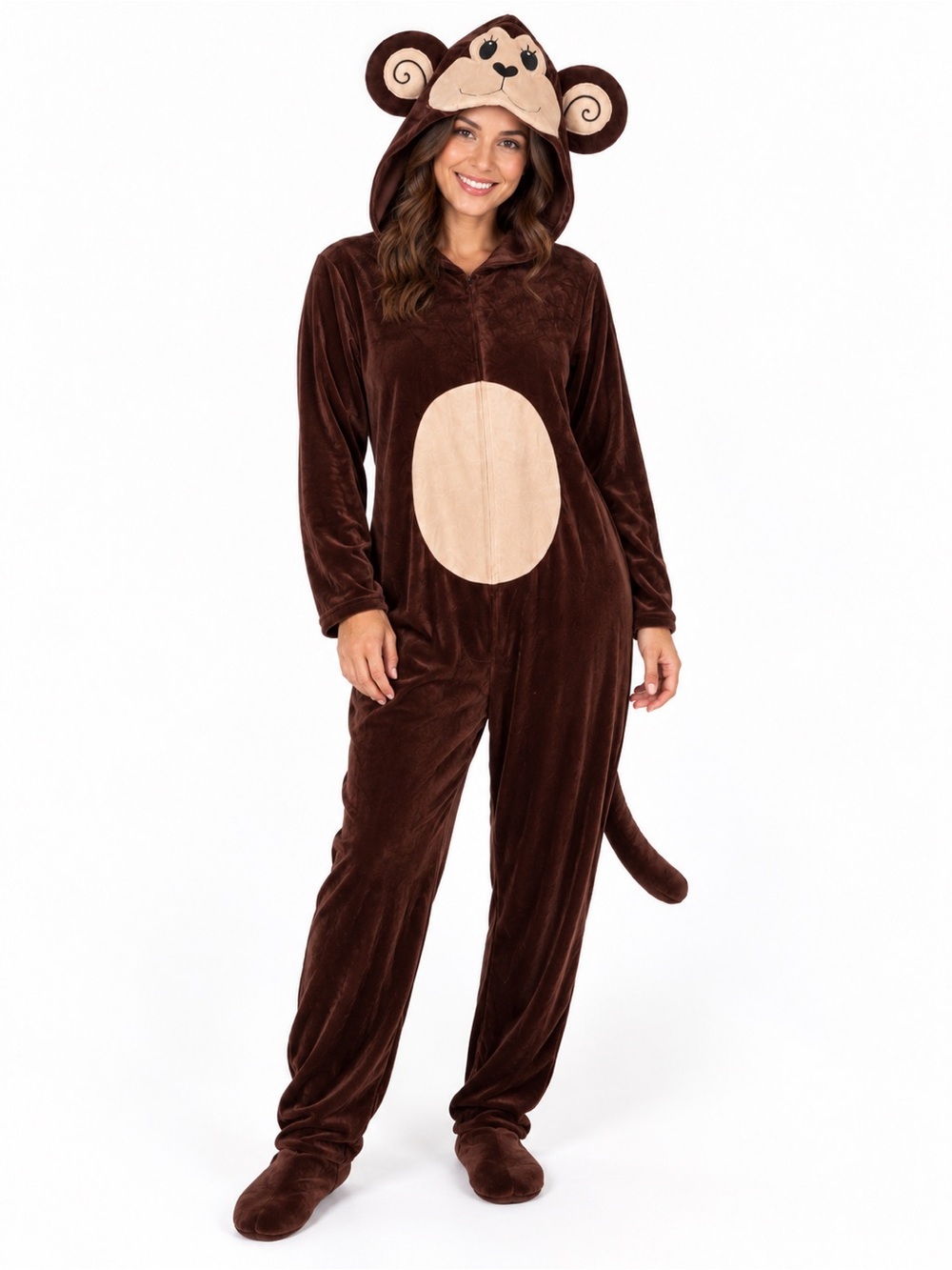 Halloween Costumes Women’s Brown Monkey Plush Hooded Jumpsuit Size L